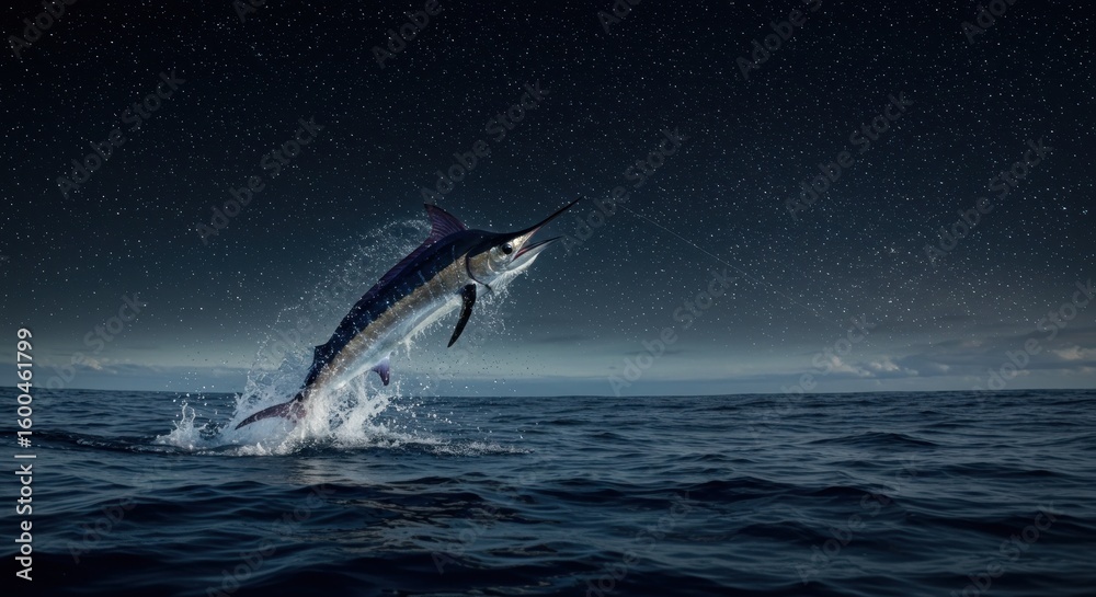 Fototapeta premium Leaping marlin arches high above choppy ocean under starry night sky, water sprays as fish jumps
