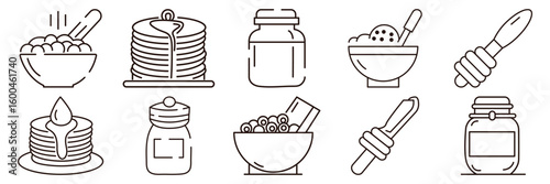 Collection of food outline icons pancakes cereal bowls jars and honey dippers on white Breakfast