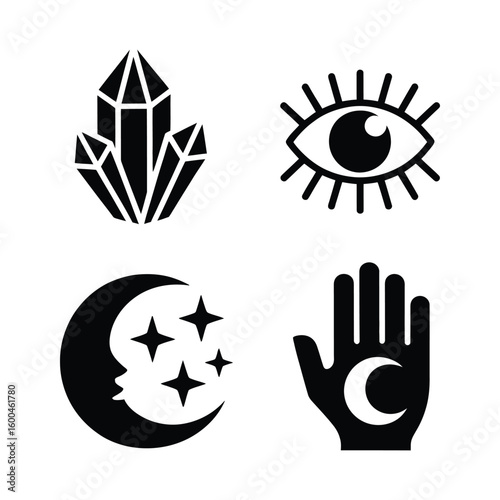 Mystical symbols collection featuring crystals eye moon and hand silhouette