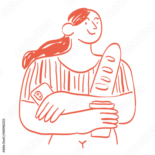 Breakfast or brunch with coffee and croissant doodle vector illustrations. Woman hold take away coffee cup in chalk, charcoal drawing style. Line art illustration for menus design, cafe decor or print