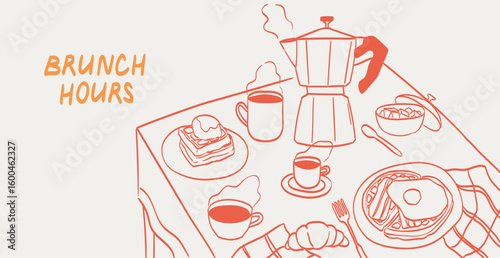 Breakfast or brunch with coffee doodle vector illustrations. Morning coffee cup mug on served table in cafe or restaurant. Minimalist line art illustration for menus design, cafe decor or print.