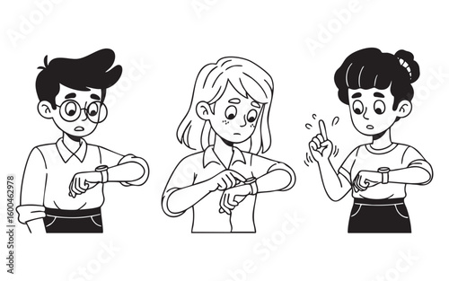 checking watch impatiently cartoon vector illustration set