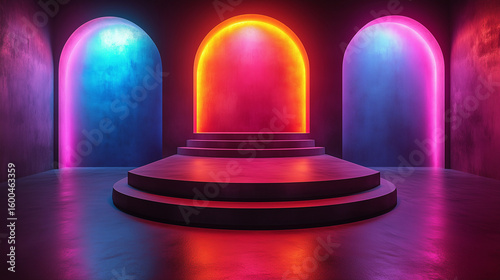 Neon Arches Glow on Stage. Abstract backdrop features vibrant neon lights, geometric arches and a stage. Great for web, marketing, or design projects.