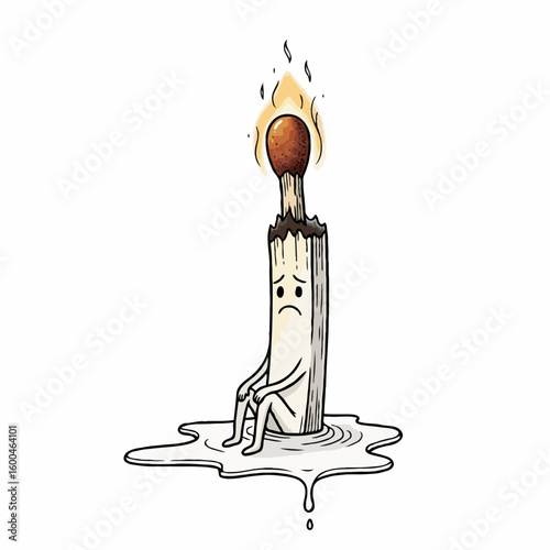 A sad matchstick burning with a flame above its head alone