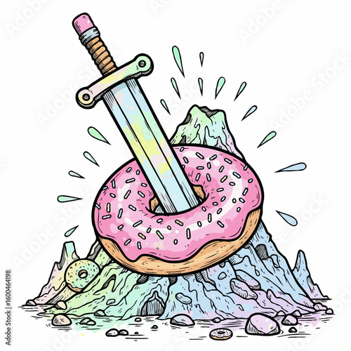 Sword in the donut fantasy landscape whimsical illustration