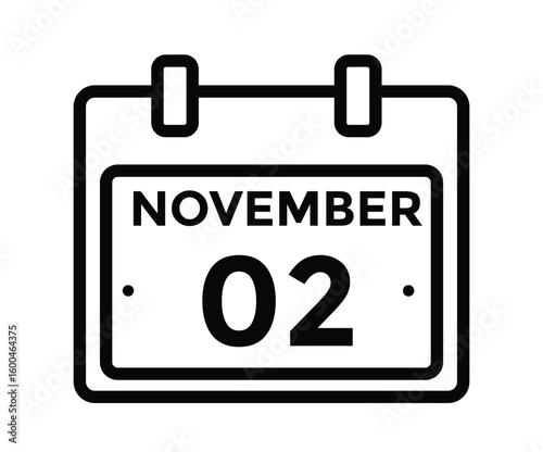 2 November, calendar date icon. 2 November Calendar Date for Deadlines or Appointment. Day, month. vector illustration.

