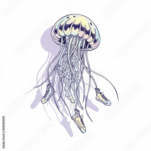 Jellyfish with shoes whimsical sea creature surreal artwork design