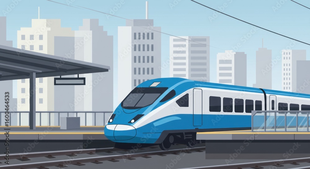 Naklejka premium Blue, white train arrives at station, with modern city skyline backdrop and railroad tracks