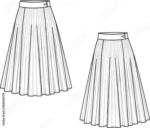 Pleated skirt flat sketch, midi length, flared silhouette, waistband detail, fashion CAD drawing, vector apparel design illustration