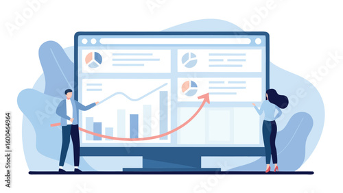 People analyzing data on a large computer screen with charts and graphs showing upward trend analysis