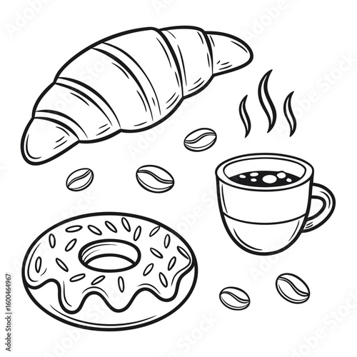 Delicious breakfast with croissant, donut, hot coffee and scattered coffee beans illustration in line art style