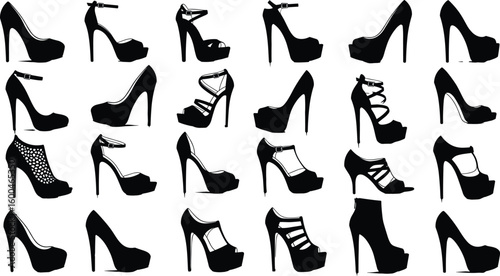 Stylish high heel silhouettes, women's fashion footwear collection, black stiletto icon set, platform pumps, elegant heels, trendy shoes, vector design