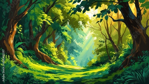 Lush forest path bathed in sunlight.