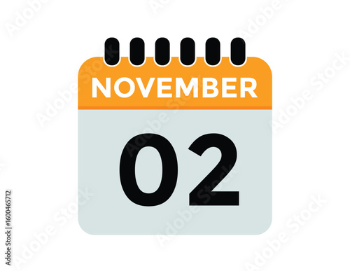 2 November, calendar date icon. 2 November Calendar Date for Deadlines or Appointment. Day, month. vector illustration.

