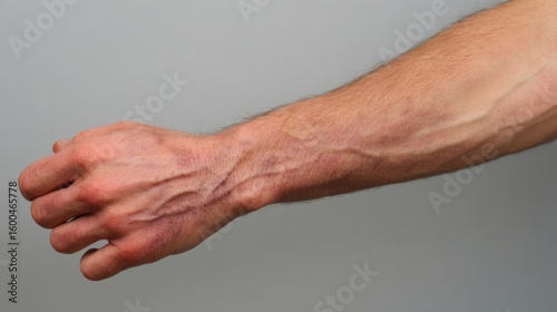 Forearm stretched out with coldinduced discoloration spreading unevenly from fingertips inward capturing severity of cold temperature impact.