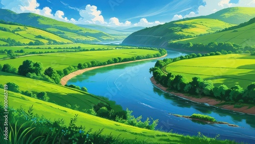 Lush green fields and a winding river under a sunny sky.