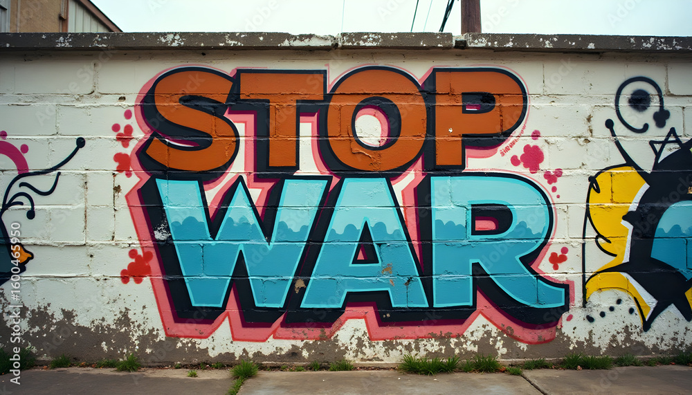 Obraz premium Bold antiwar graffiti art painted on a weathered urban brick wall delivering a peace message