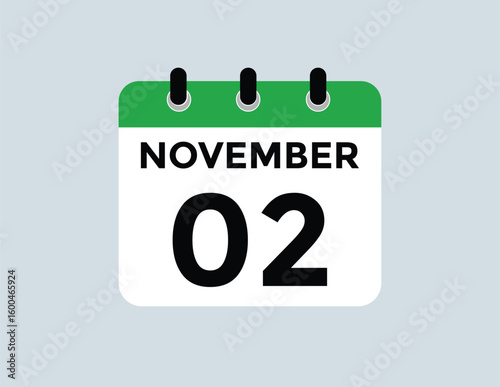 2 November, calendar date icon. 2 November Calendar Date for Deadlines or Appointment. Day, month. vector illustration.

