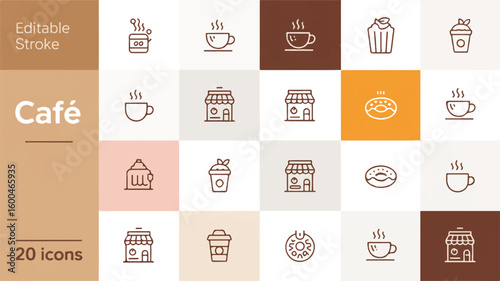 Cafe icons coffee shops donuts and cups line art vector