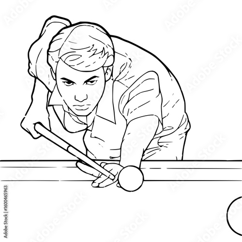 Focused young man in a casual shirt playing billiards with concentration on a white background