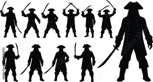Pirate silhouette vector collection, sword holding pirate poses, captain character clipart, vintage costume outlaw design, old pirate illustration set