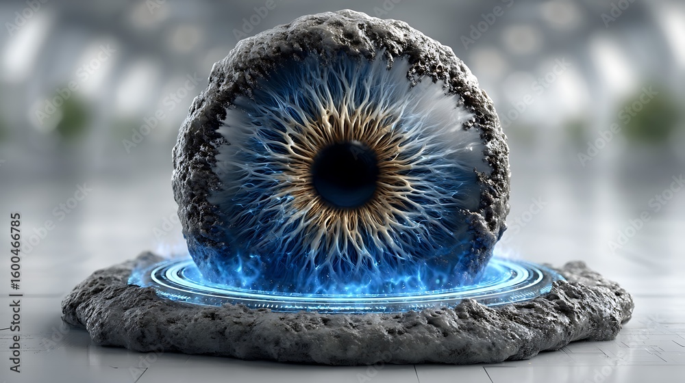 Obraz premium Futuristic eye-shaped holographic display in glowing blue, hovering in a white sterile environment showing precision and accurate targeting. 