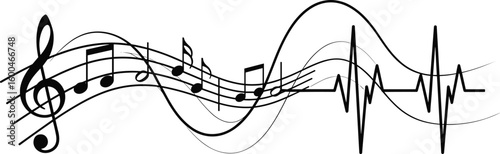 Music notes with heartbeat line, sound wave design, rhythm flow vector, black melody line art, audio frequency illustration concept