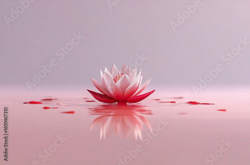 A lotus flower floating on water, simple background, white background, animated style, 3D rendering.