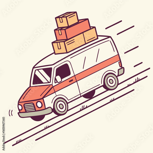 Cartoon van with boxes on top speeding down a hill with motion lines indicating movement fast pace
