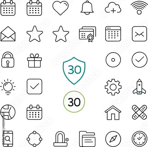 Collection of black and white outline icons on white background