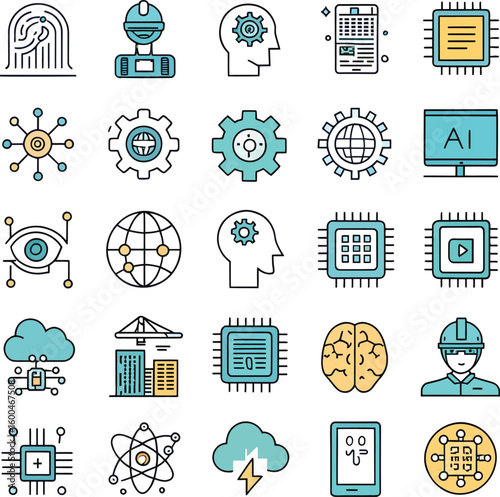 Technology and science icons with blue and yellow accents
