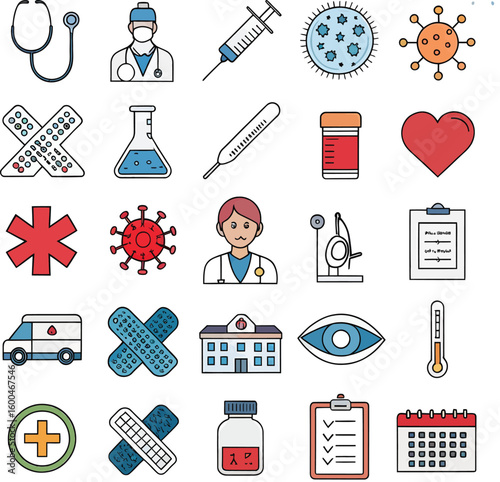 Medical icons collection with doctor and virus stethoscope