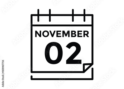 2 November, calendar date icon. 2 November Calendar Date for Deadlines or Appointment. Day, month. vector illustration.