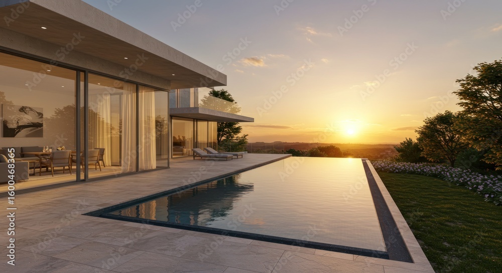 Fototapeta premium Luxurious home with infinity pool overlooking a sunset landscape