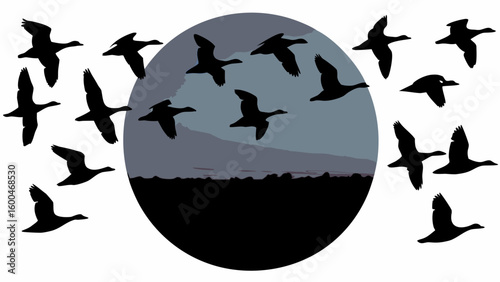 Silhouette of geese flying in front of a gray sky and dark land inside a circle shape design