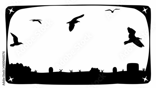 Silhouette of birds flying over a graveyard with stars in the corners of the frame design element