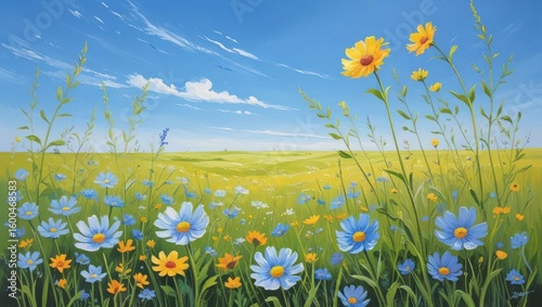 A vibrant meadow of wildflowers under a clear sky.