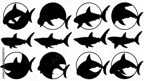Silhouette collection of sharks in various poses and circular frames on a white background design vector