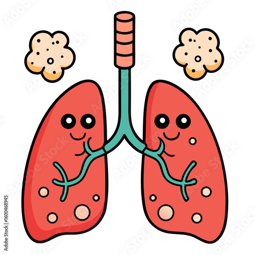 Cartoon Human Lungs with Happy Faces and Breathing Bubbles
