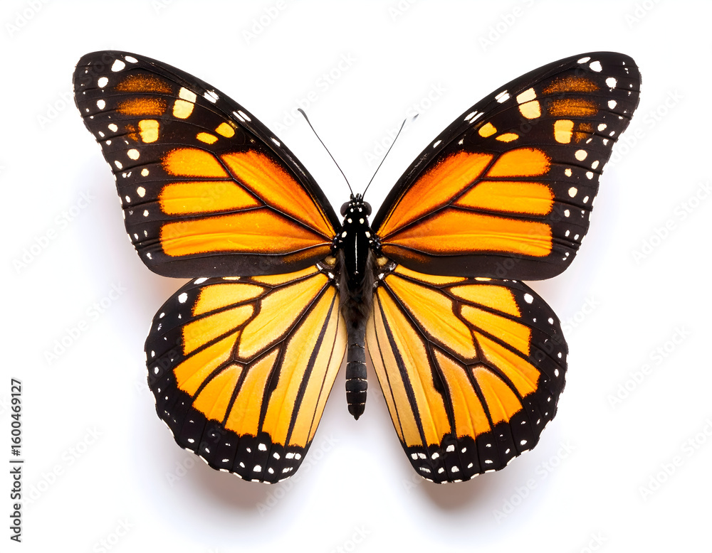 Fototapeta premium Beautiful monarch butterfly with striking orange and black wings isolated on a bright white background