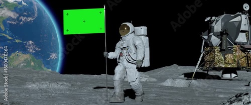 Lunar astronaut walks on the moon with green screen flag, placing a flag pole on the Moon surface, and salutes. You can track and add your flag with your logo.