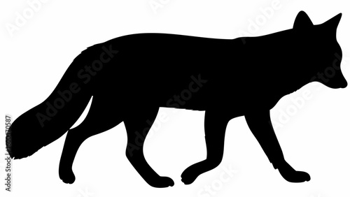 Silhouette of a fox walking with its tail extended and ears perked up against a white background