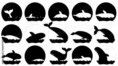 Collection of fifteen circular designs featuring stylized whales in black and white silhouette style imagery