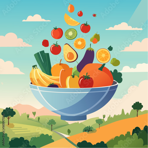 bowl brimming with a cascade of fresh fruits and vegetables