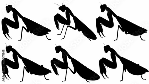 Silhouette pattern featuring six praying mantises against a white background design art vector