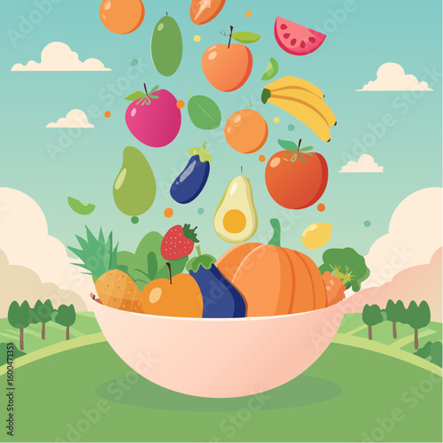 bowl brimming with a cascade of fresh fruits and vegetables