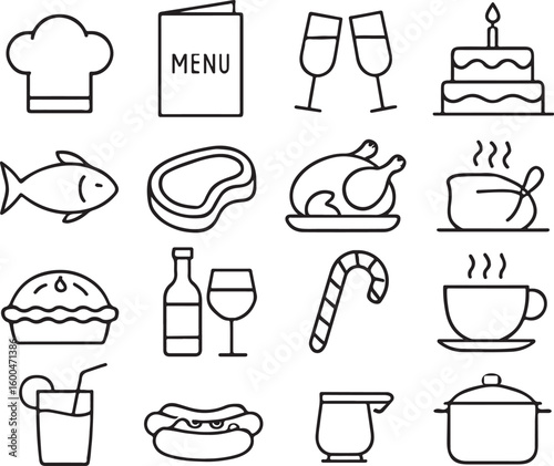 Culinary icons chef hat menu toast cake fish steak roast chicken pie wine hot dog drink pot