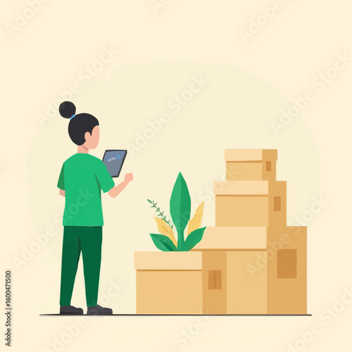Young woman using tablet while standing next to stacked boxes and plant  