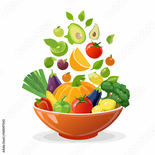 bowl brimming with a cascade of fresh fruits and vegetables