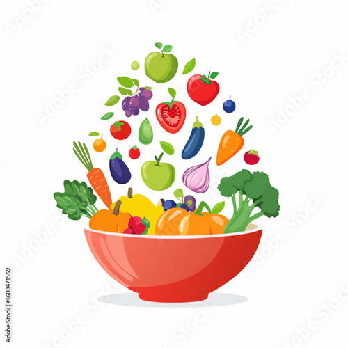 bowl brimming with a cascade of fresh fruits and vegetables